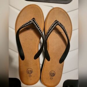 Black and Tan Flip Flops with Rhinestone Detail Never Worn. / Free Item Included